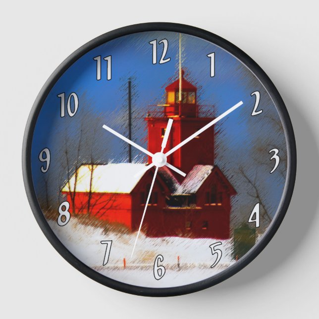 Big Red Lighthouse Painting - Original Art Clock (Front)