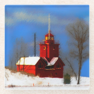 Big Red Lighthouse Painting - Original Art Glass Coaster