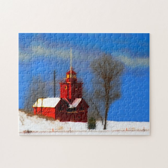 Big Red Lighthouse Painting - Original Art Jigsaw Puzzle (Horizontal)