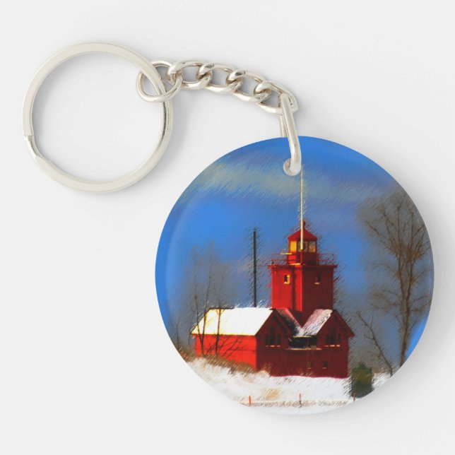 Big Red Lighthouse Painting - Original Art Key Ring (Front)