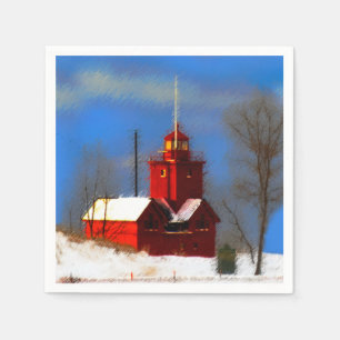 Big Red Lighthouse Painting - Original Art Napkin