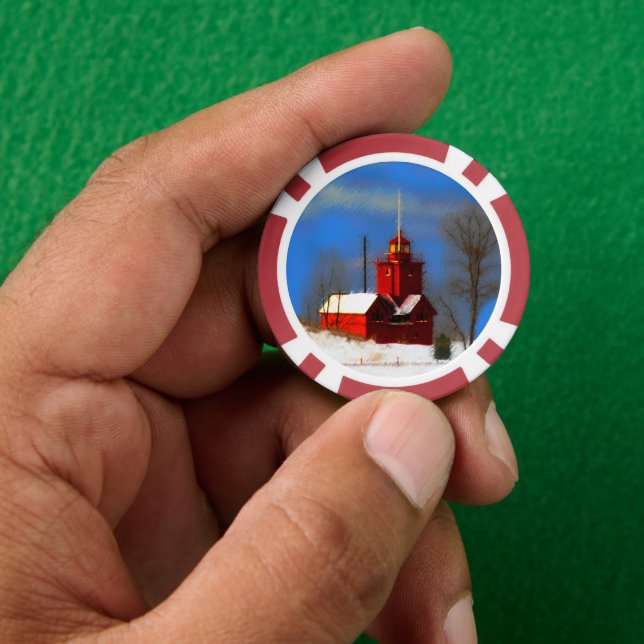 Big Red Lighthouse Painting - Original Art Poker Chips (Hand)