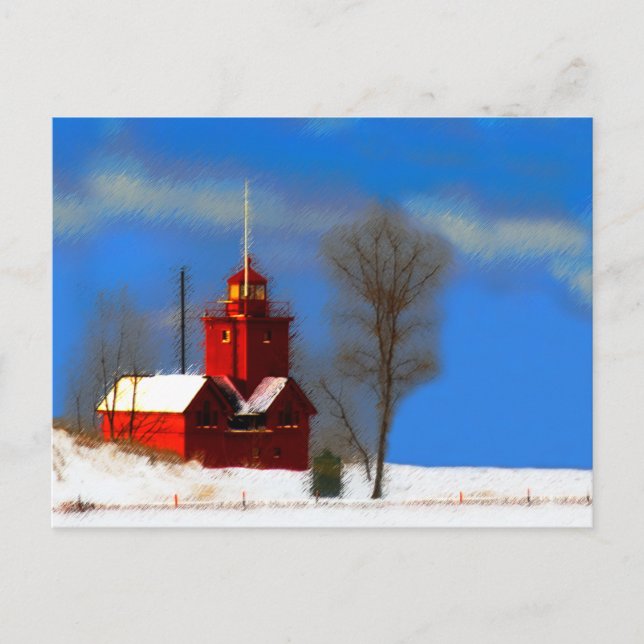 Big Red Lighthouse Painting - Original Art Postcard (Front)