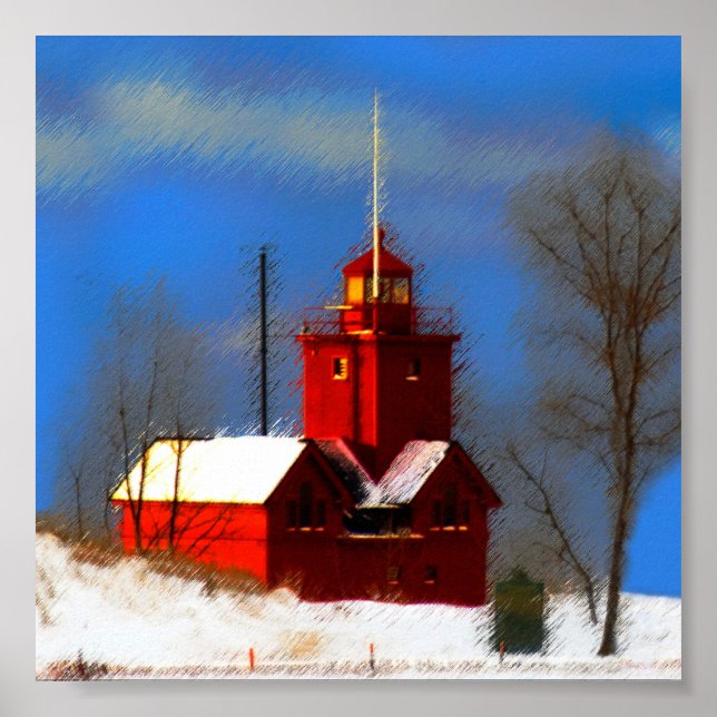 Big Red Lighthouse Painting - Original Art Poster (Front)
