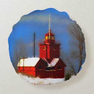 Big Red Lighthouse Painting - Original Art Round Cushion