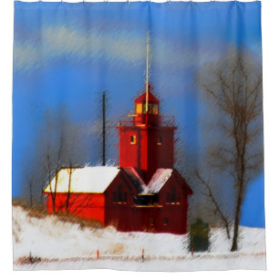 Big Red Lighthouse Painting - Original Art Shower Curtain