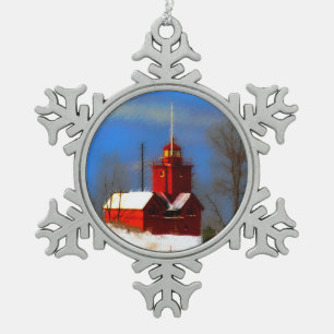 Big Red Lighthouse Painting - Original Art Snowflake Pewter Christmas Ornament