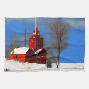 Big Red Lighthouse Painting - Original Art Tea Towel