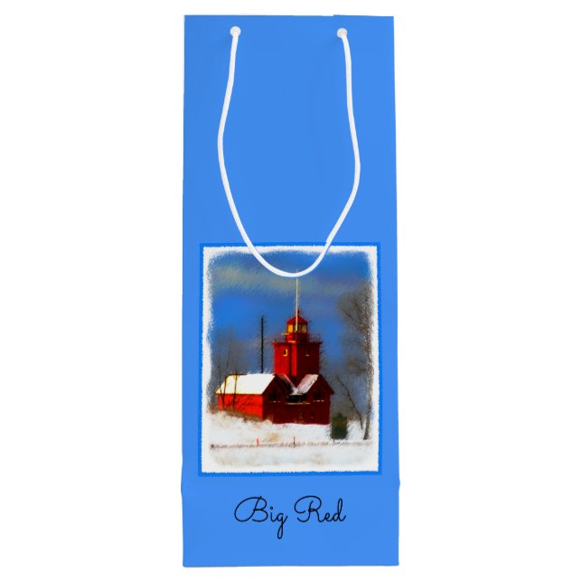 Big Red Lighthouse Painting - Original Art Wine Gift Bag (Back)