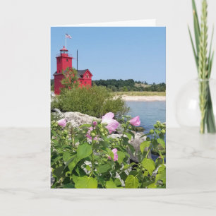 Big Red lighthouse with hibiscus Card