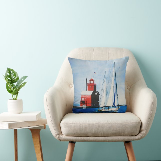 Big Red Michigan Lighthouse and Sailboat Cushion (Chair)