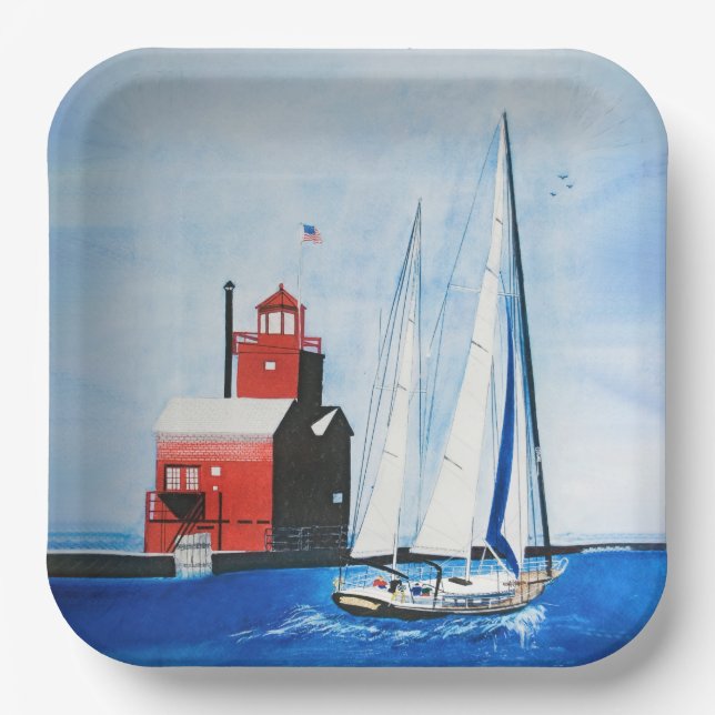 Big Red Michigan Lighthouse and Sailboat Paper Plate (Front)