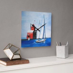 Big Red Michigan Lighthouse and Sailboat Square Wall Clock
