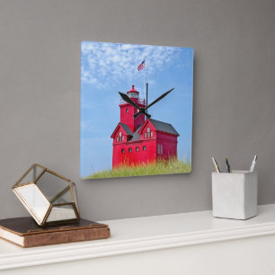 Big Red Michigan Lighthouse Square Wall Clock