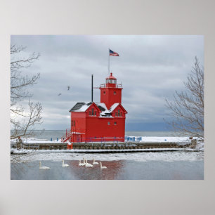 Big Red Michigan Lighthouse With Swans Poster