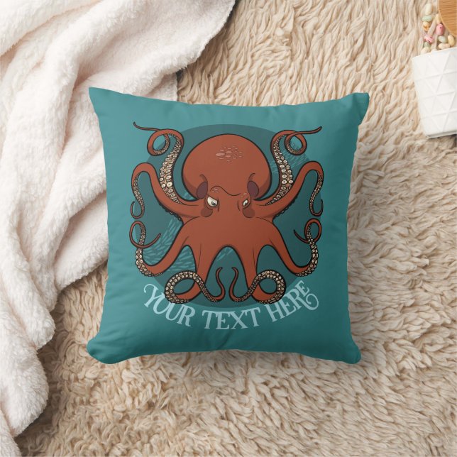 Big Red Octopus Artwork Personalised Text Design Cushion (Blanket)