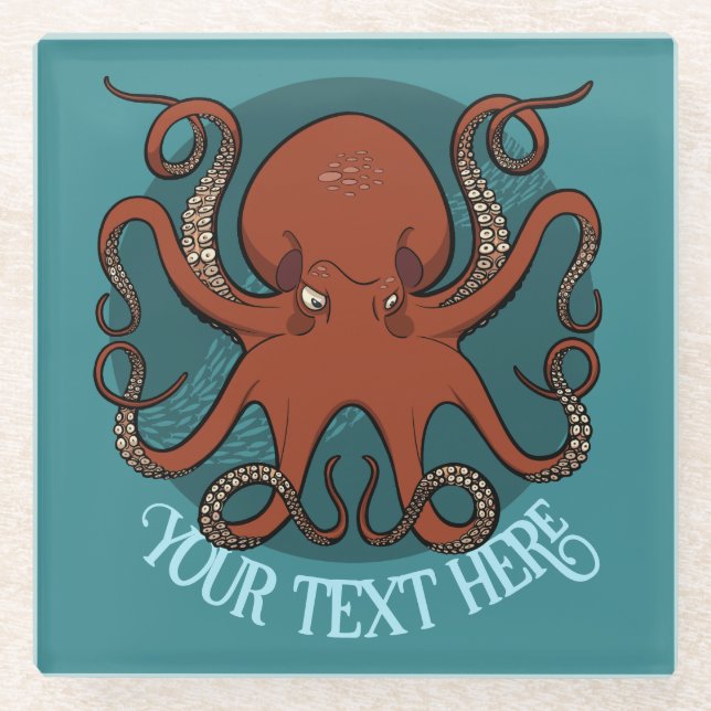 Big Red Octopus Artwork Personalised Text Design Glass Coaster (Front)
