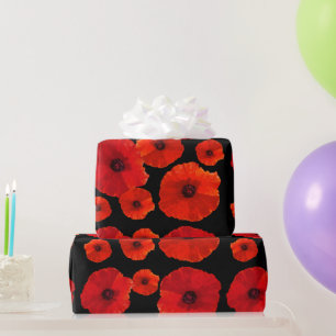 Big Red Poppies on Black Wrapping Paper