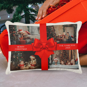 Big Red Ribbon Christmas Custom 4 Photo Decorative Cushion