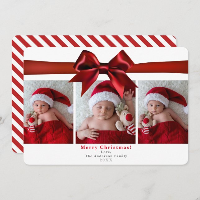 Big Red Satin Bow Christmas Holiday 3 Photos Photo Invitation (Front/Back)
