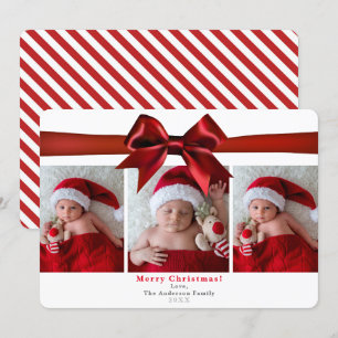 Big Red Satin Bow Christmas Holiday 3 Photos Photo Invitation