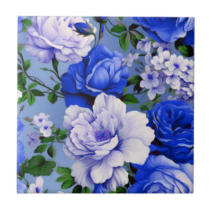 Big Retro Blue Rose Flower Ceramic Tile