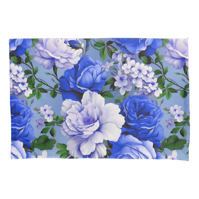 Big Retro Blue Rose Flower Pillowcase (Front)