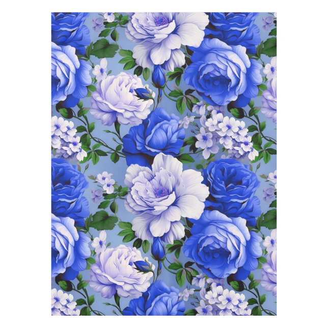 Big Retro Blue Rose Flower Tablecloth (Front)