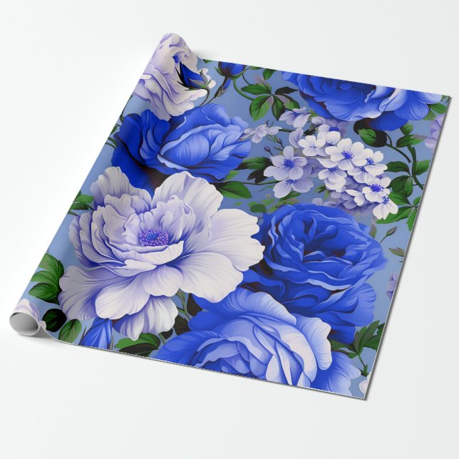 Big Retro Blue Rose Flower Wrapping Paper (Unrolled)