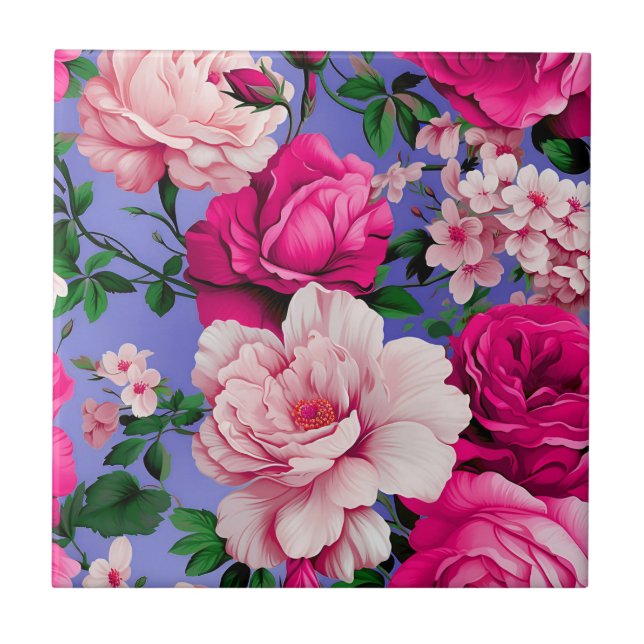 Big Retro Pink Rose Flower Ceramic Tile (Front)