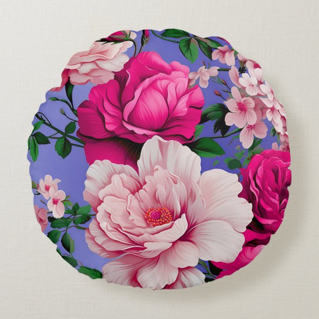 Big Retro Pink Rose Flower Round Cushion (Front)
