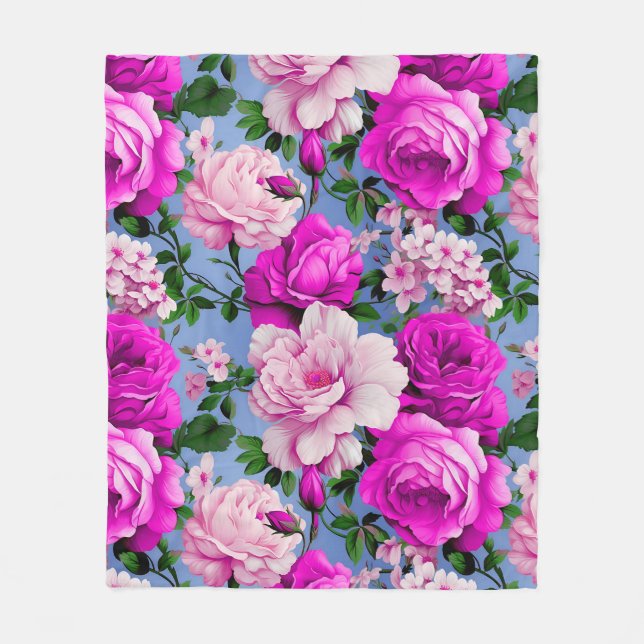 Big Retro Purple Rose Flower Fleece Blanket (Front)