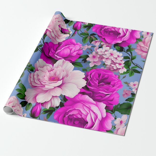 Big Retro Purple Rose Flower Wrapping Paper (Unrolled)