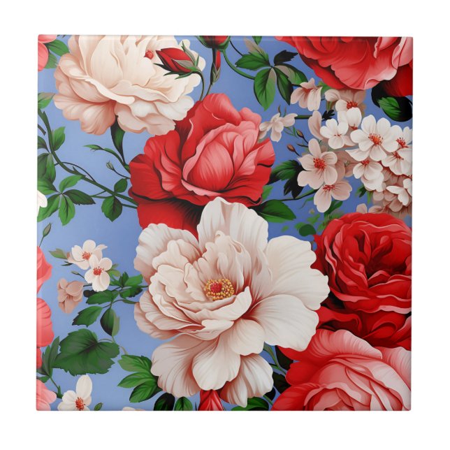 Big Retro Red Rose Flower Ceramic Tile (Front)