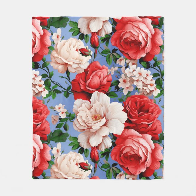 Big Retro Red Rose Flower Fleece Blanket (Front)