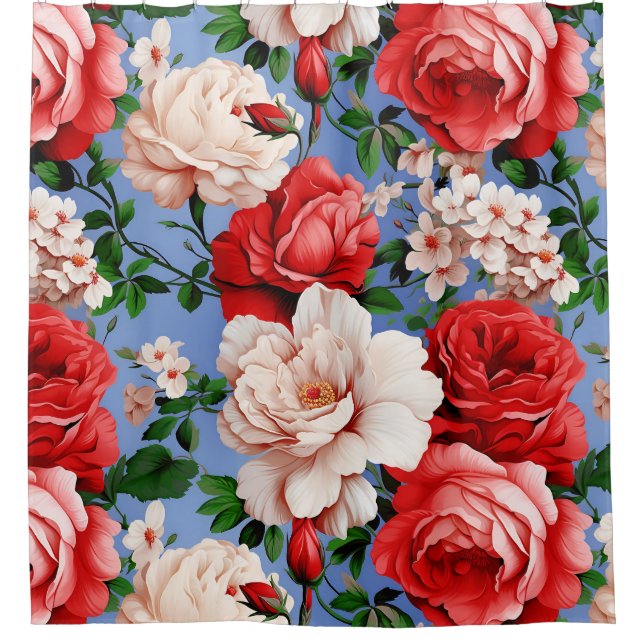 Big Retro Red Rose Flower Shower Curtain (Front)