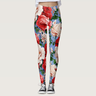 Big Retro Red Rose Flowers Leggings