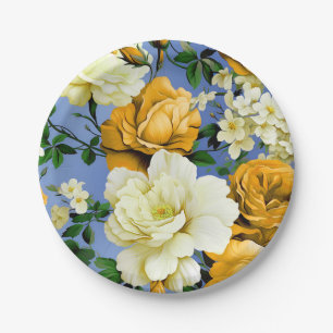 Big Retro Yellow Rose Flower Paper Plate