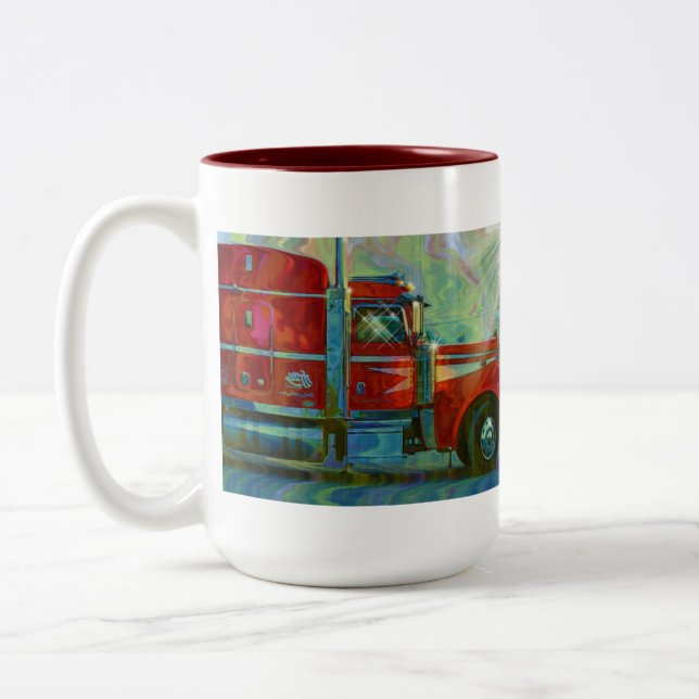 Big Rig Red Cargo Truck for Kids and Truckers Two-Tone Coffee Mug (Left)