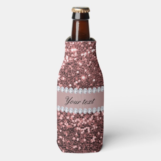 Big Rose Gold Faux Glitter and Diamonds Bottle Cooler (Bottle Front)