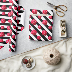 Big roses large diagonal black and white stripes B Wrapping Paper