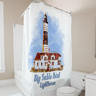 Big Sable Point Lighthouse Watercolor - Michigan Shower Curtain