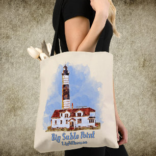 Big Sable Point Lighthouse Watercolor - Michigan Tote Bag