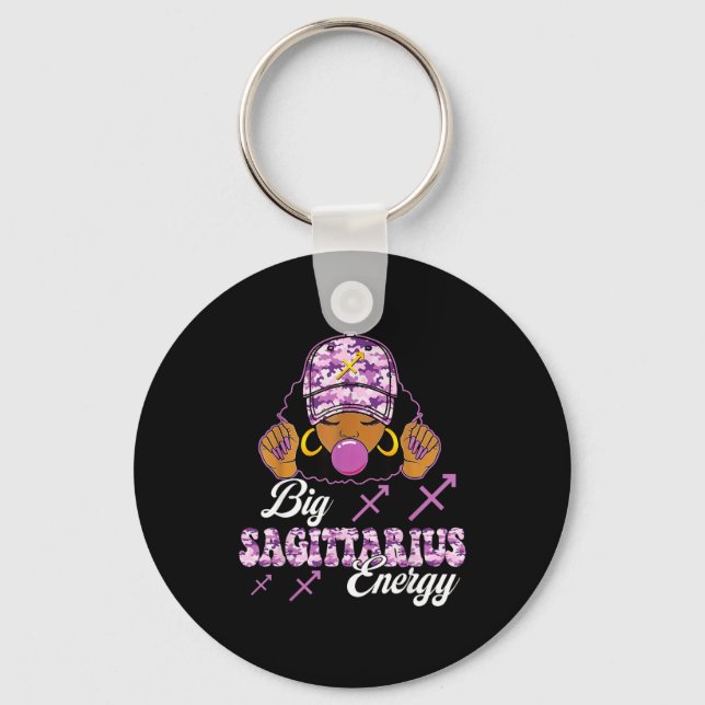 Big Sagittarius Energy Afro Girl With Purple Camou Key Ring (Front)