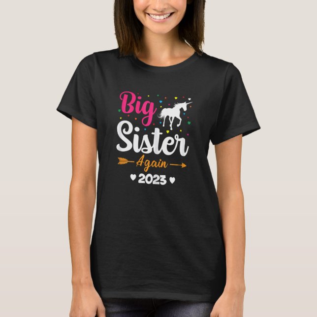 Big Sister Again 2023 Baby Announcement Unicorn T-Shirt (Front)