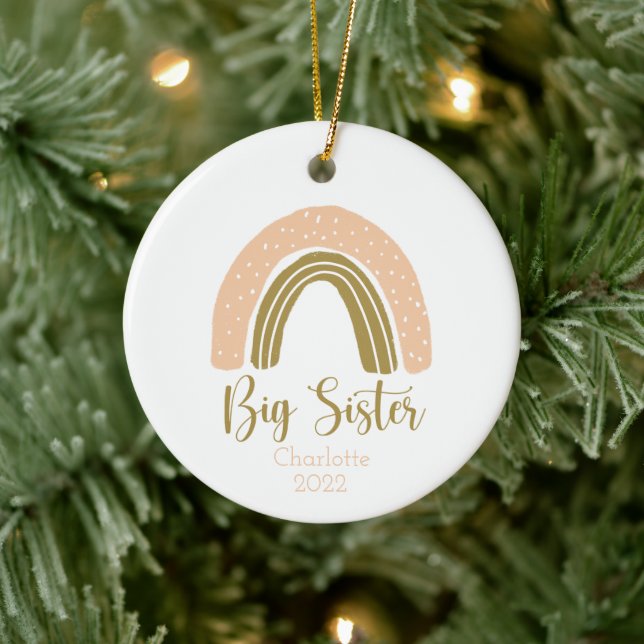 Big Sister Boho Rainbow Pink Gold Personalised Ceramic Ornament (Tree)