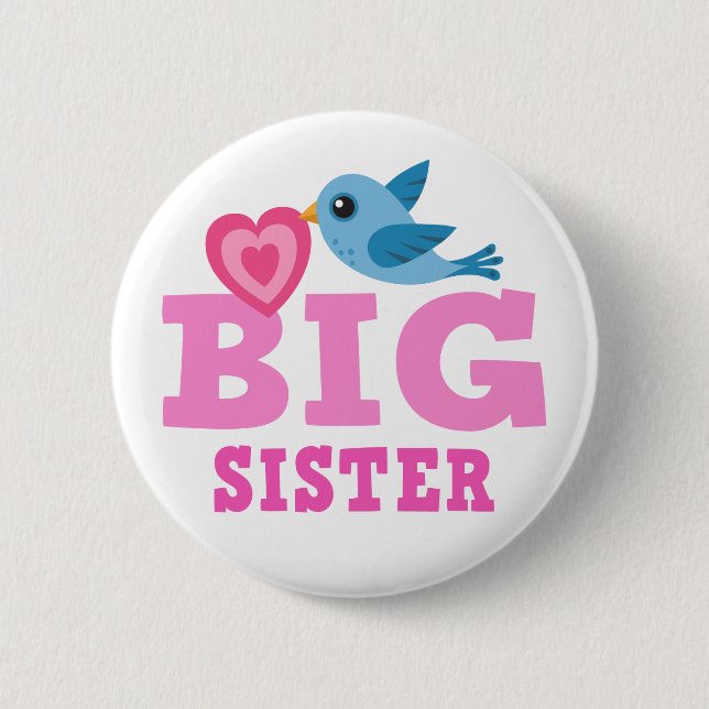 Big sister button with cute cartoon bird and heart (Front)