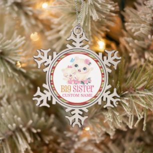 Big Sister Colourful Monogram and Cute Cats Snowflake Pewter Christmas Ornament