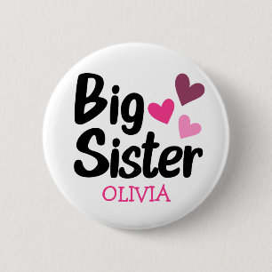 Big Sister Custom Name with pink hearts 6 Cm Round Badge