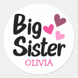 Big Sister Custom Name with pink hearts Classic Round Sticker
